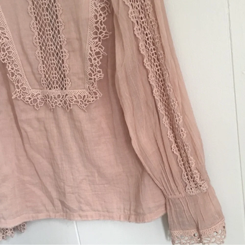 Free People One Blush Victoria Blouse Cut Lace Button Back Puff Sleeves Size S
